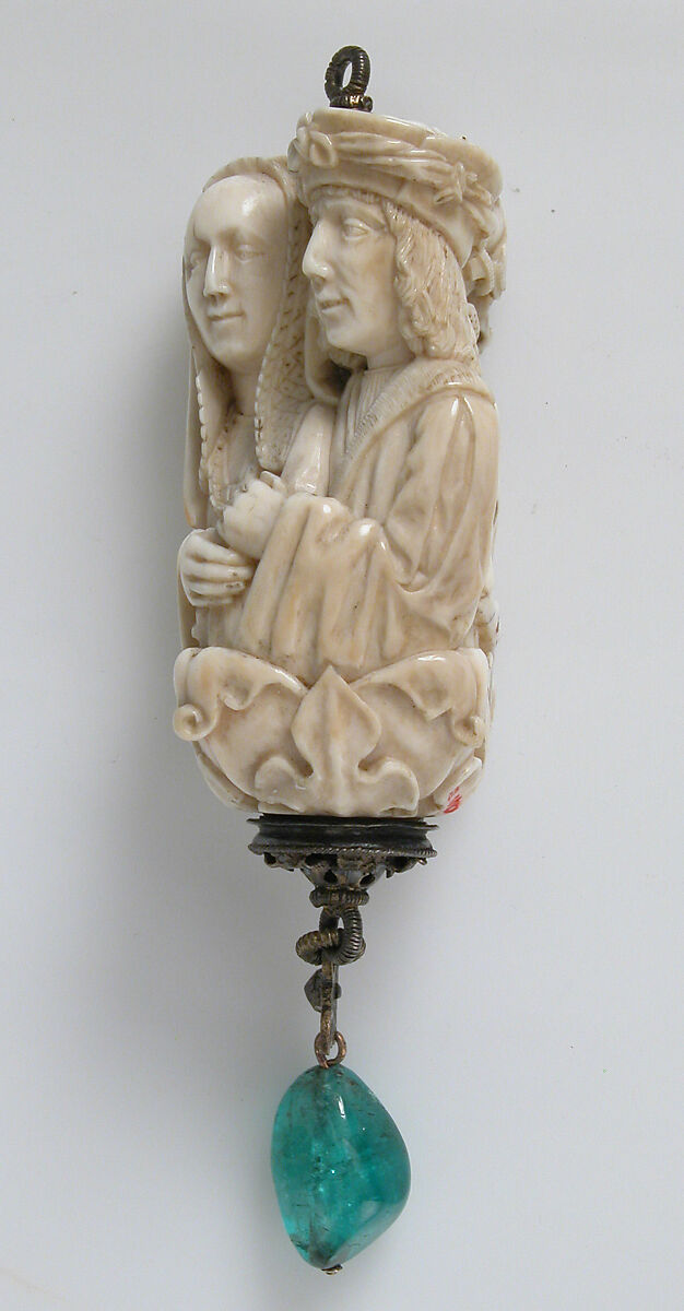 Rosary Terminal Bead with Lovers and Death's Head, Elephant ivory, with emerald pendant, silver-gilt mount, North French or South Netherlandish
