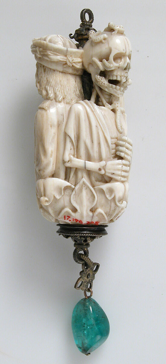 Rosary Terminal Bead with Lovers and Death's Head, Elephant ivory, with emerald pendant, silver-gilt mount, North French or South Netherlandish
