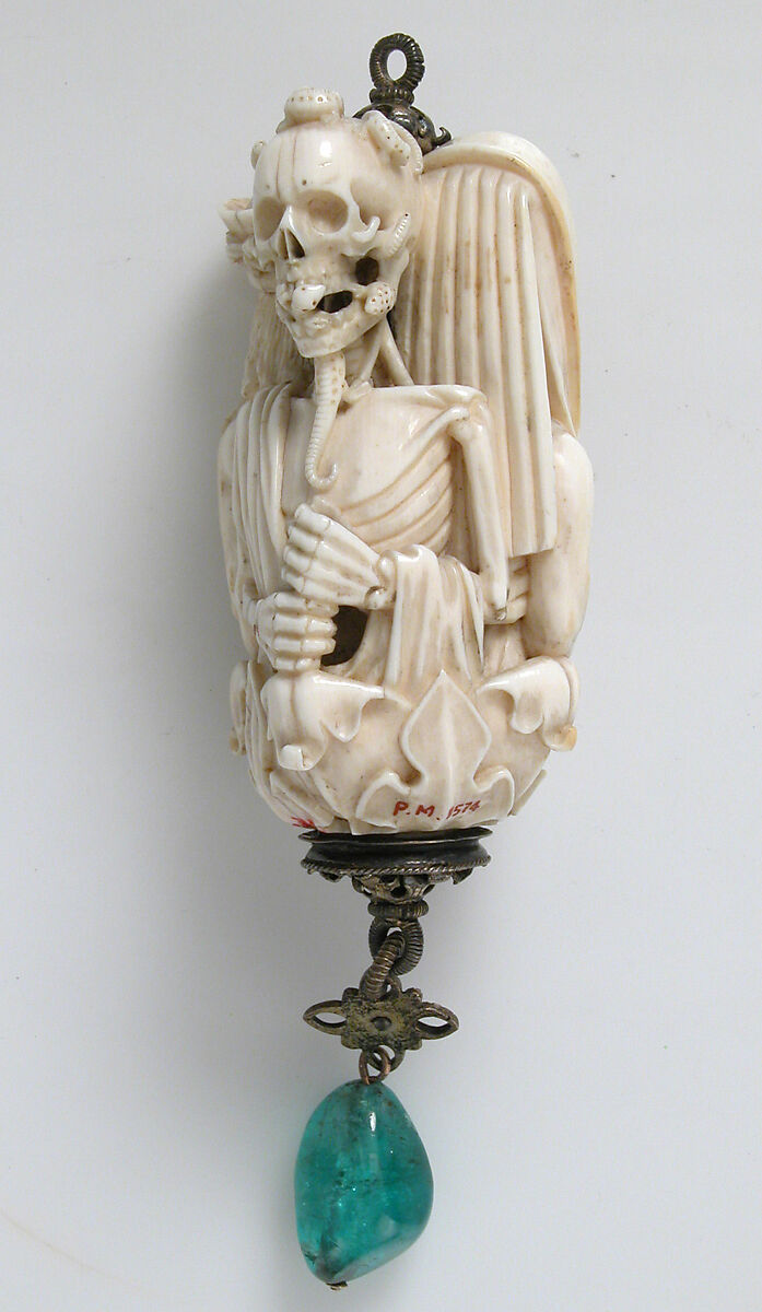 Rosary Terminal Bead with Lovers and Death's Head, Elephant ivory, with emerald pendant, silver-gilt mount, North French or South Netherlandish