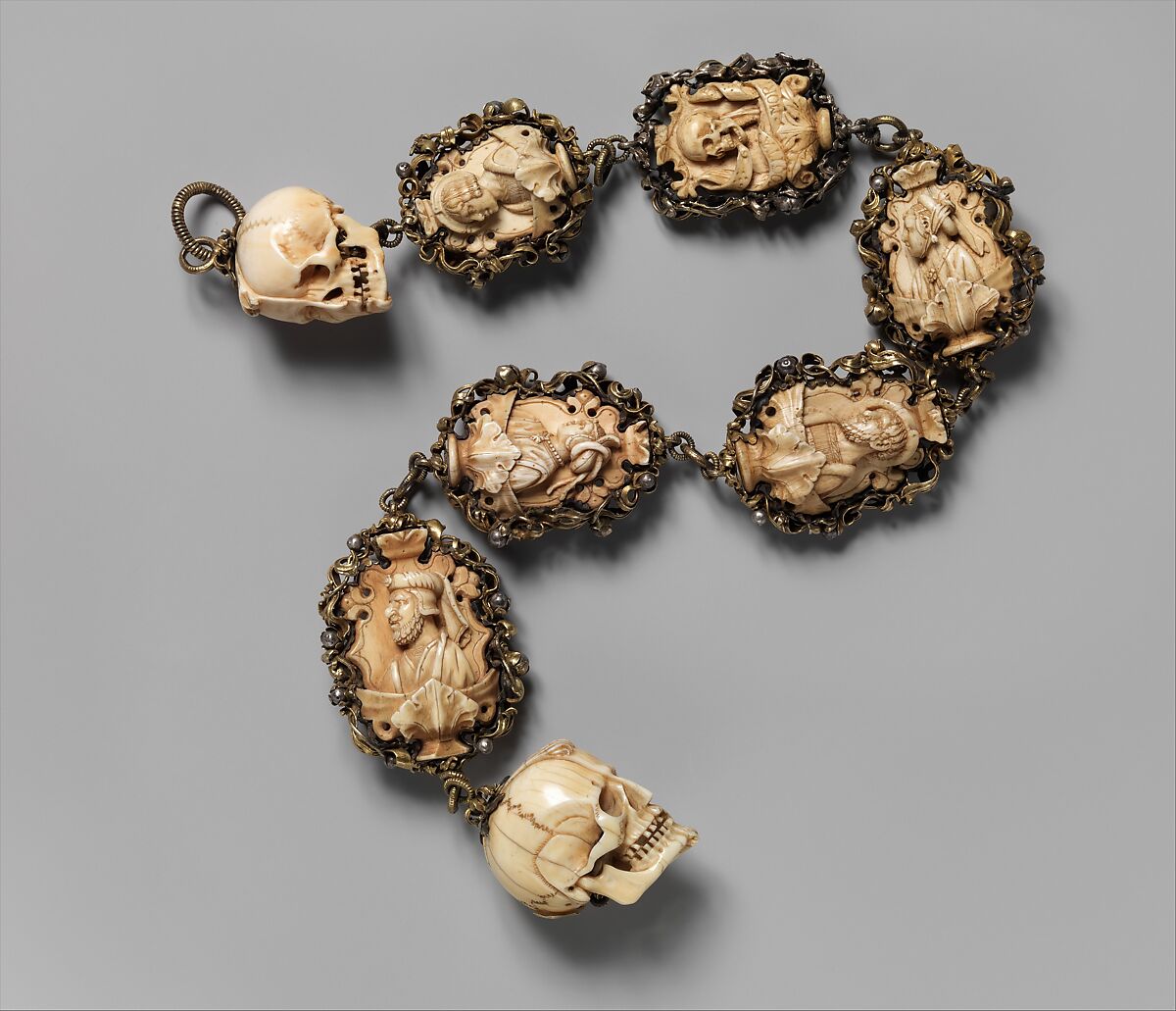 Rosary, Elephant ivory, silver, and partially gilded mounts, German