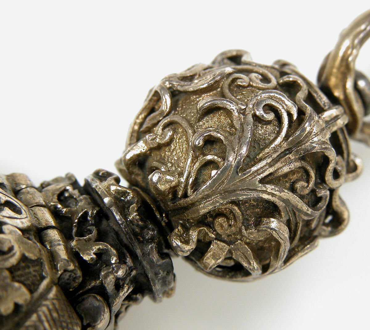 Pomander Bead from a Rosary or Devotional Pendant, Silver gilt, textile and silver thread tassel, French