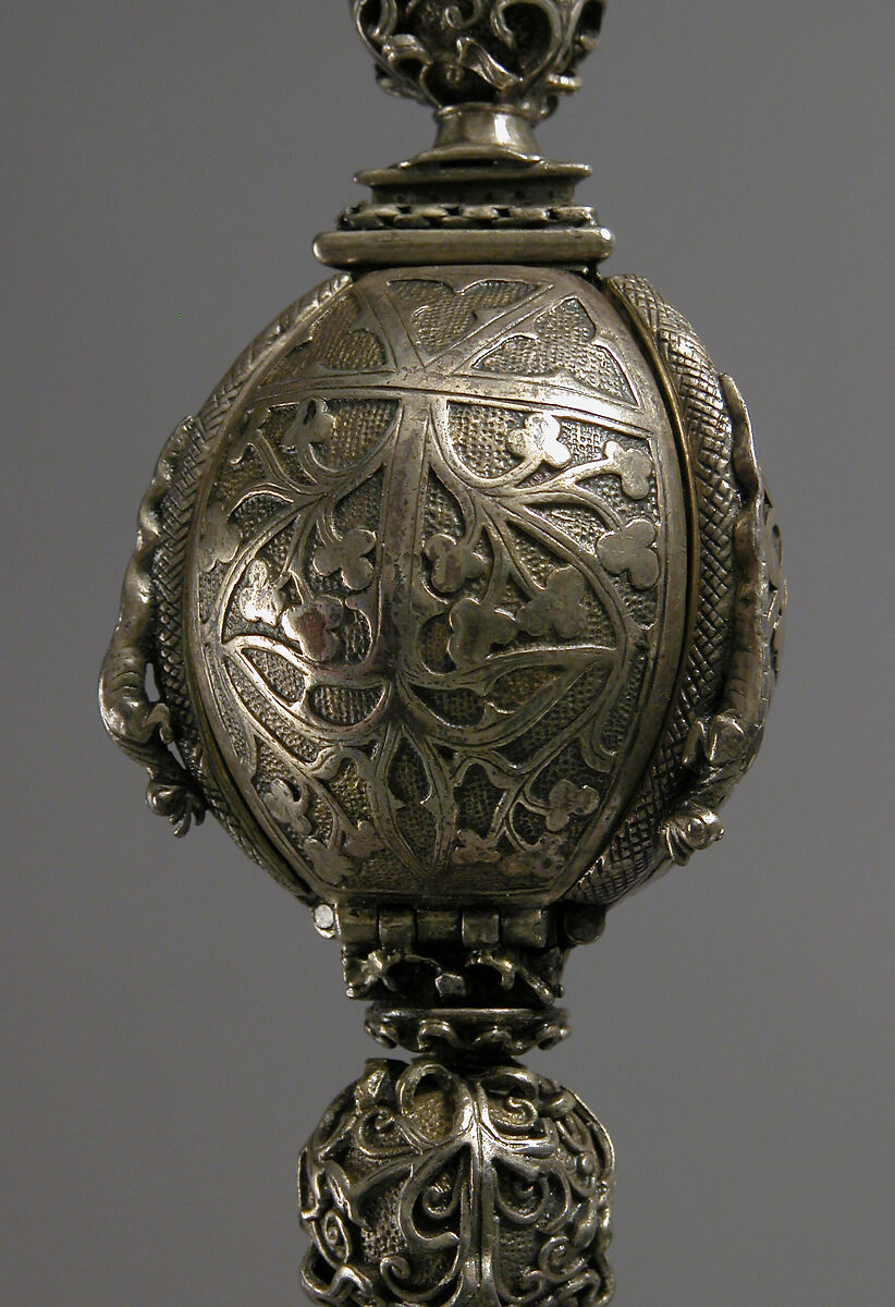 Pomander Bead from a Rosary or Devotional Pendant, Silver gilt, textile and silver thread tassel, French