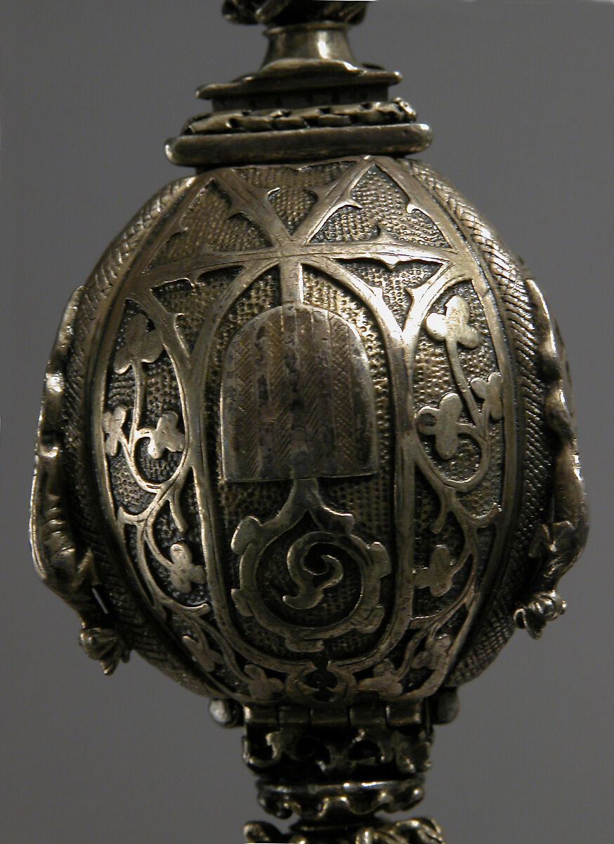 Pomander Bead from a Rosary or Devotional Pendant, Silver gilt, textile and silver thread tassel, French