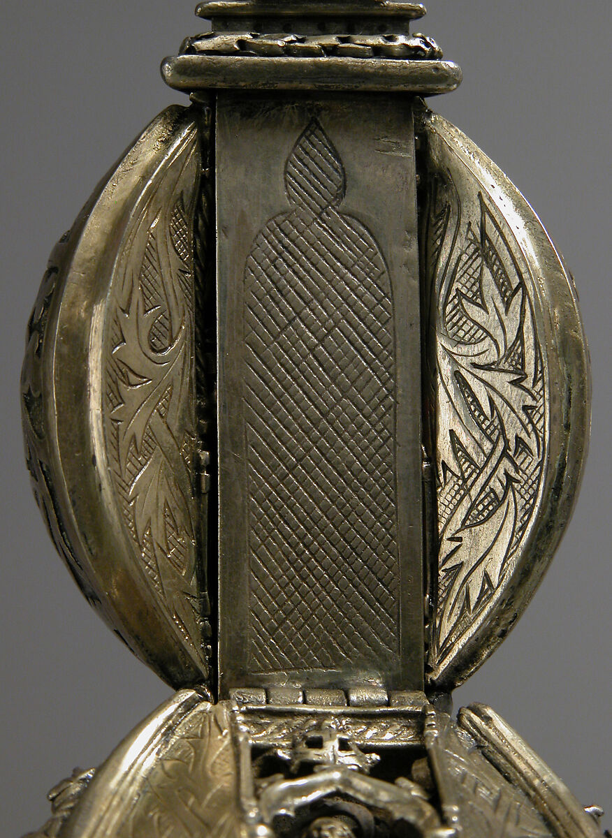 Pomander Bead from a Rosary or Devotional Pendant, Silver gilt, textile and silver thread tassel, French