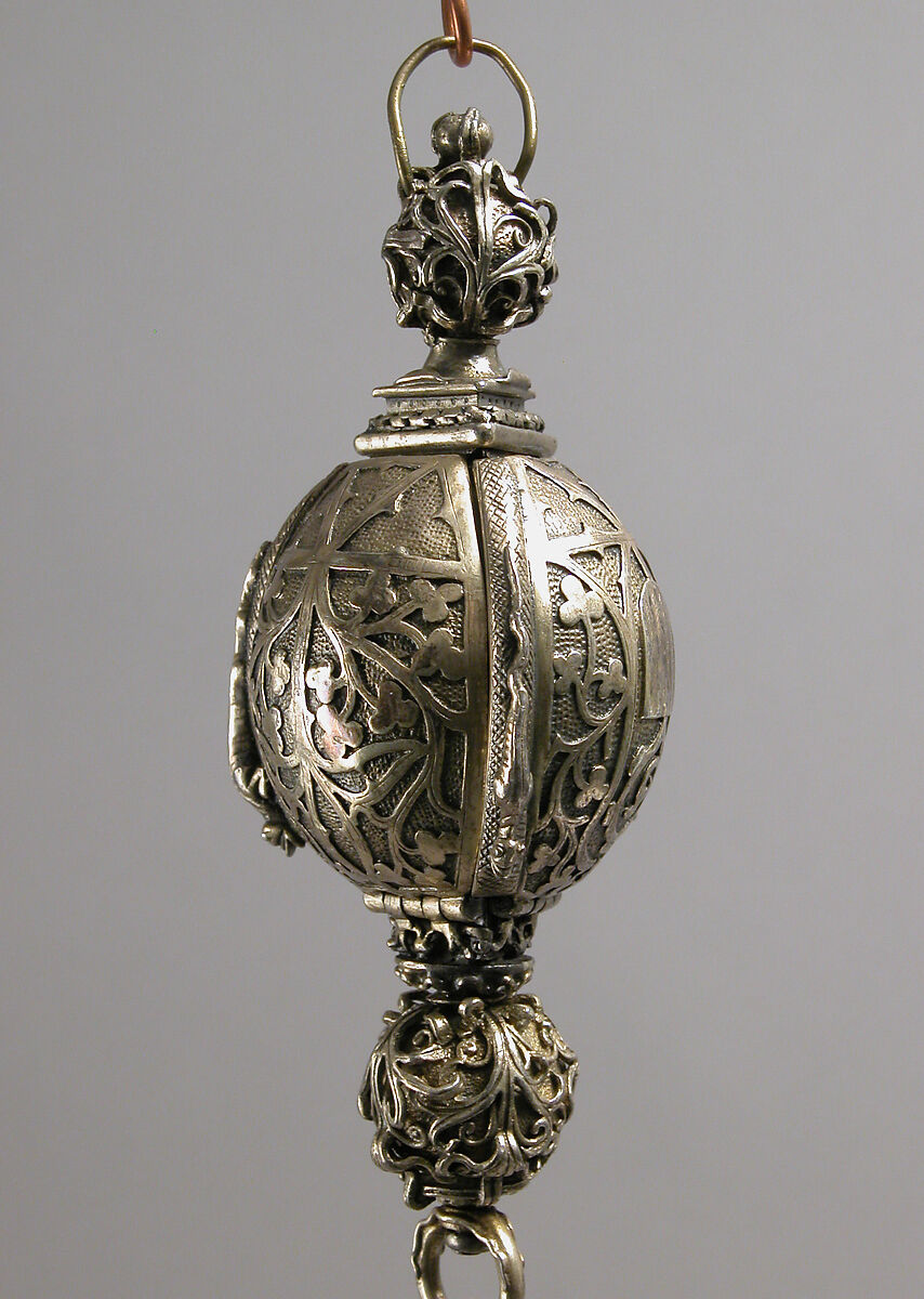 Pomander Bead from a Rosary or Devotional Pendant, Silver gilt, textile and silver thread tassel, French 