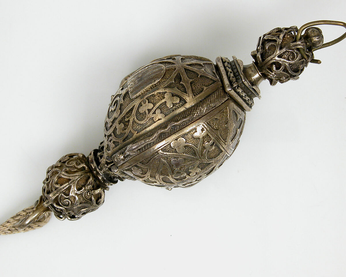 Pomander Bead from a Rosary or Devotional Pendant, Silver gilt, textile and silver thread tassel, French