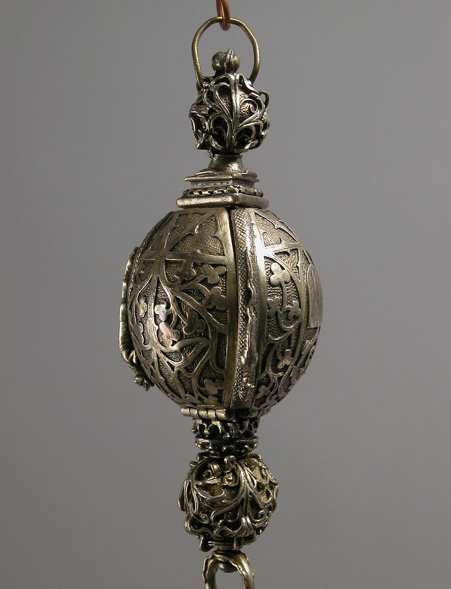 Pomander Bead from a Rosary or Devotional Pendant, Silver gilt, textile and silver thread tassel, French