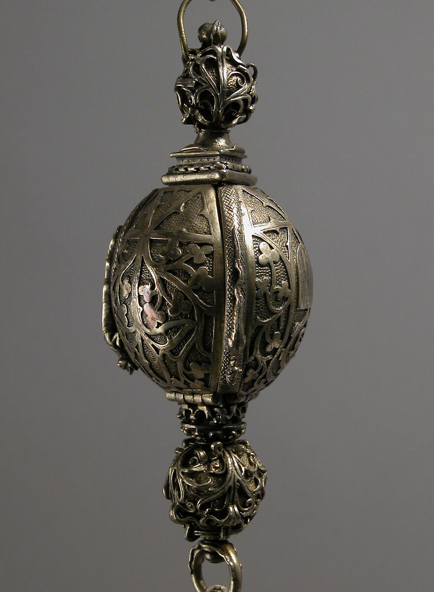 Pomander Bead from a Rosary or Devotional Pendant, Silver gilt, textile and silver thread tassel, French