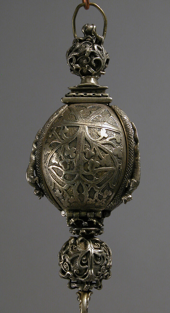 Pomander Bead from a Rosary or Devotional Pendant, Silver gilt, textile and silver thread tassel, French