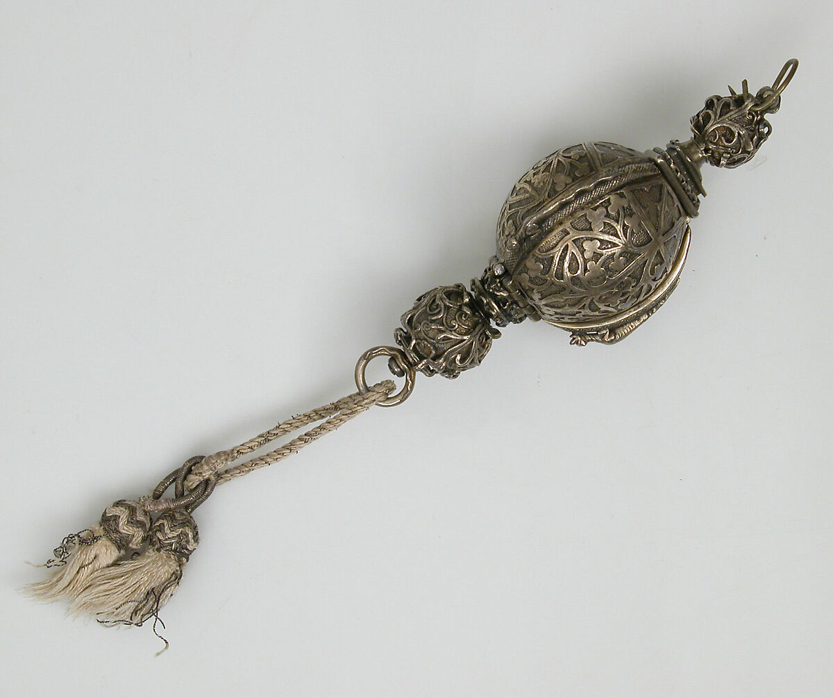 Pomander Bead from a Rosary or Devotional Pendant, Silver gilt, textile and silver thread tassel, French