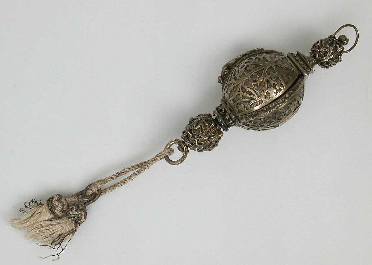 Pomander Bead from a Rosary or Devotional Pendant, Silver gilt, textile and silver thread tassel, French