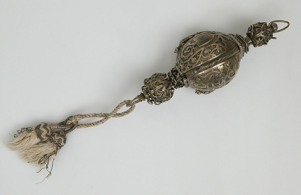 Pomander Bead from a Rosary or Devotional Pendant, Silver gilt, textile and silver thread tassel, French