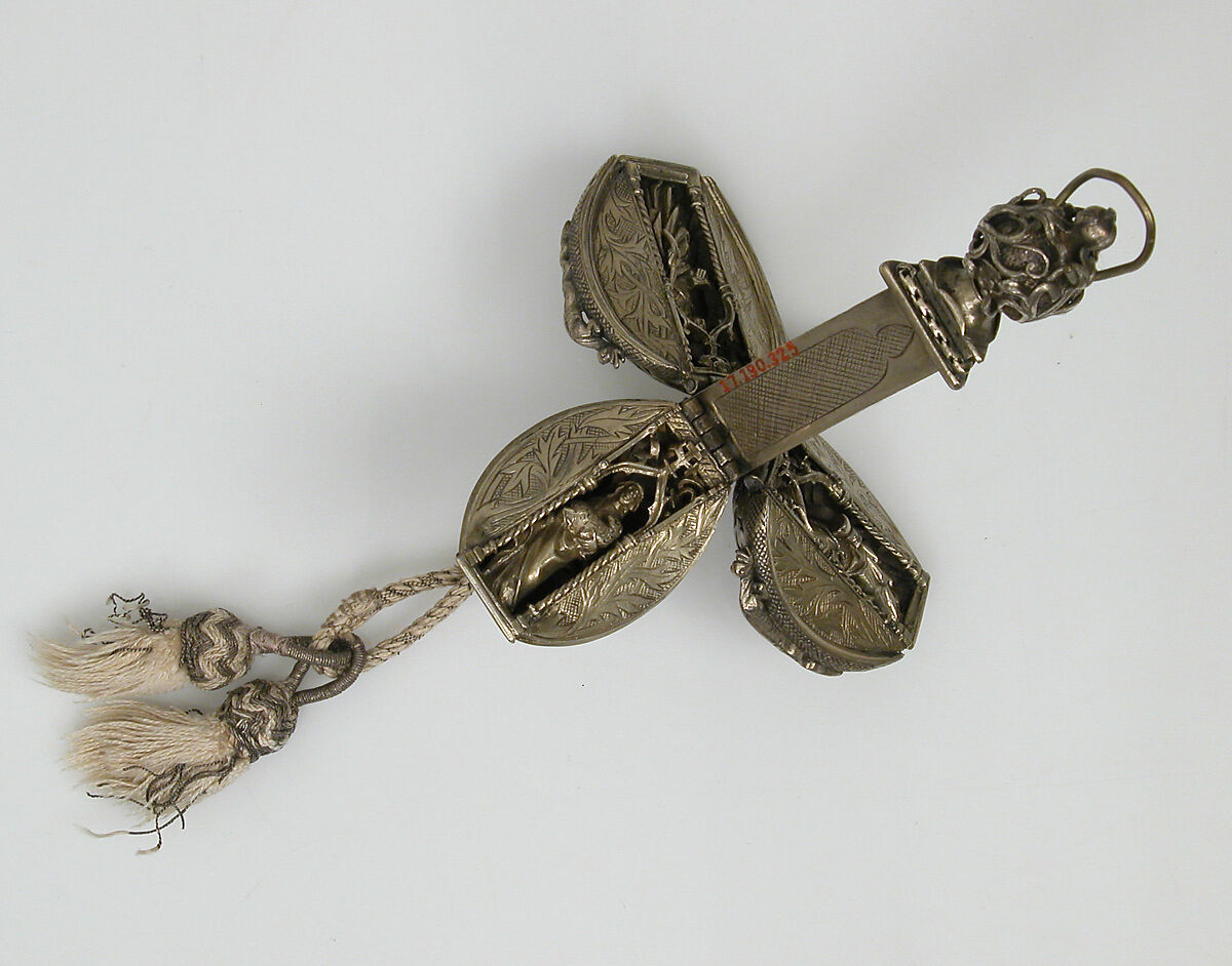 Pomander Bead from a Rosary or Devotional Pendant, Silver gilt, textile and silver thread tassel, French
