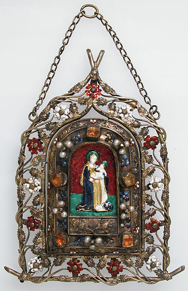 Portable Shrine, Silver, partial gilt, gold, Ronde Bosse enamels, pearls, glass cabachons, French 