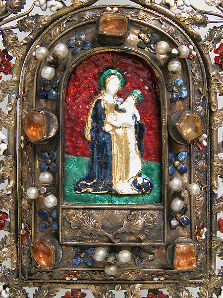 Portable Shrine, Silver, partial gilt, gold, Ronde Bosse enamels, pearls, glass cabachons, French
