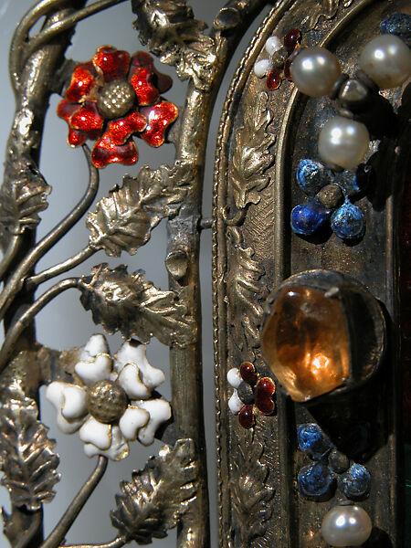 Portable Shrine, Silver, partial gilt, gold, Ronde Bosse enamels, pearls, glass cabachons, French