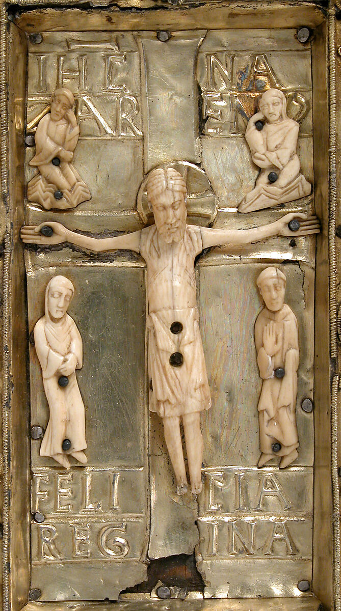 Panel with an Ivory Crucifixion Scene, Silver-gilt with pseudo-filigree, glass & stone cabochons, cloisonné enamel, elephant ivory with traces of gilding on pine support, Spanish