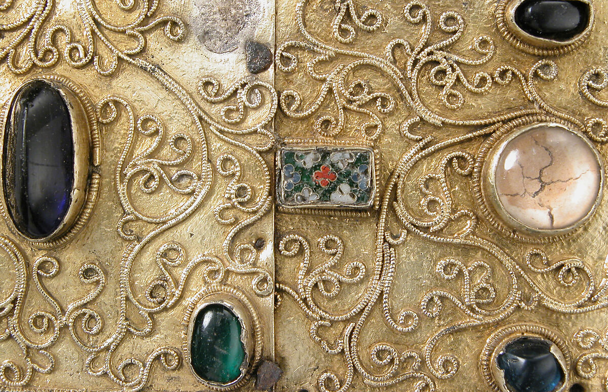 Panel with an Ivory Crucifixion Scene, Silver-gilt with pseudo-filigree, glass & stone cabochons, cloisonné enamel, elephant ivory with traces of gilding on pine support, Spanish