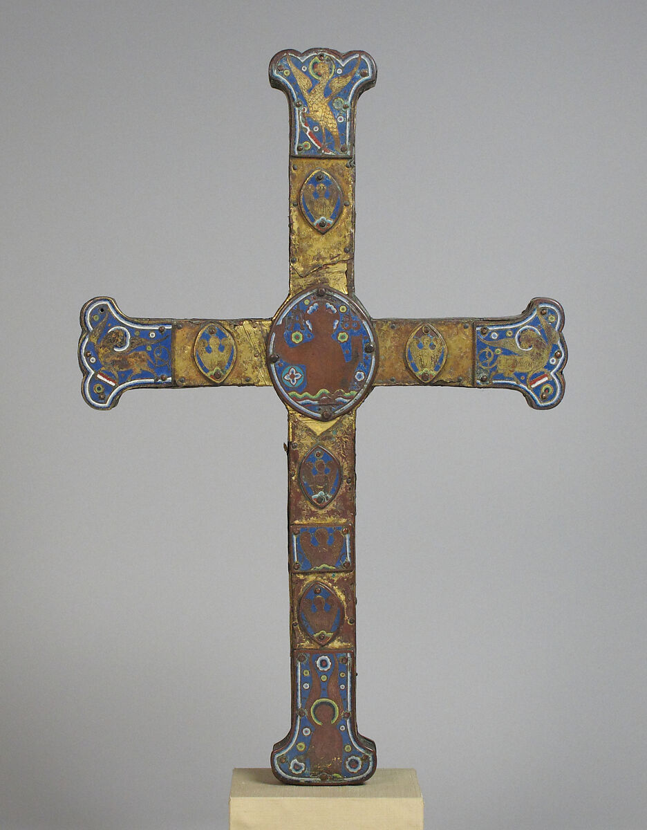 Processional Cross, Champlevé enamel, gilt copper and rock crystals, French