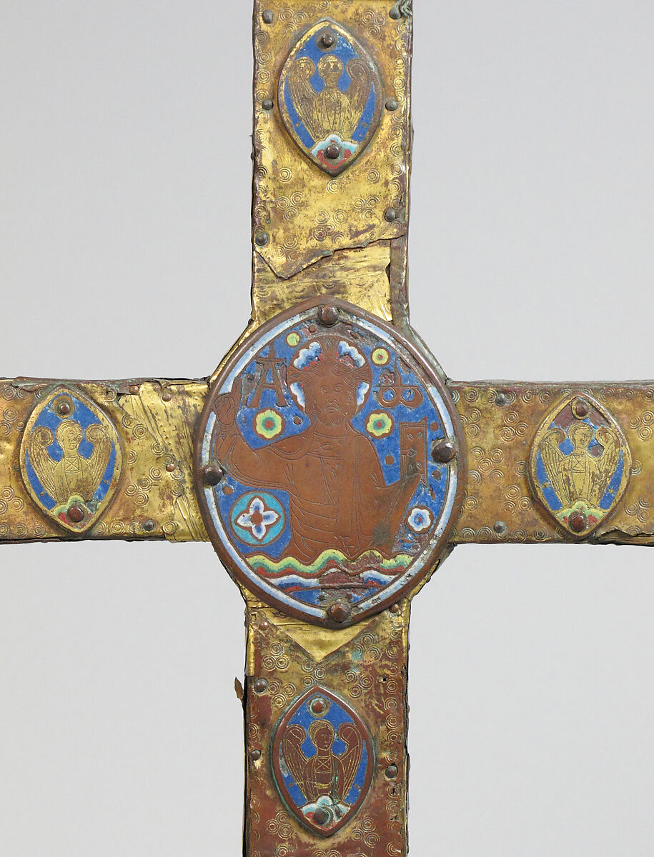 Processional Cross, Champlevé enamel, gilt copper and rock crystals, French