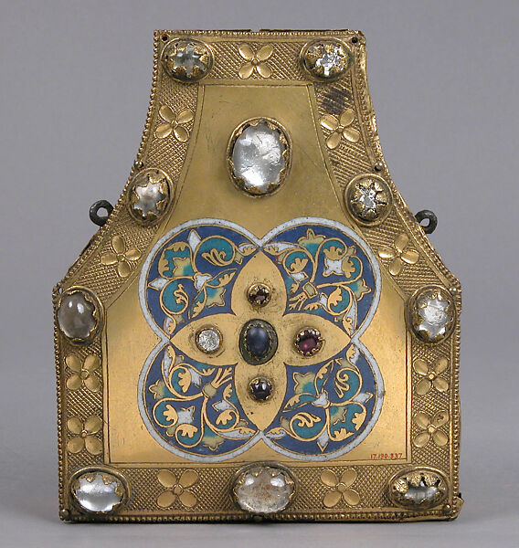 Portable Reliquary, Champlevé enamel, copper-gilt, glass and/or crystal cabochons, European 