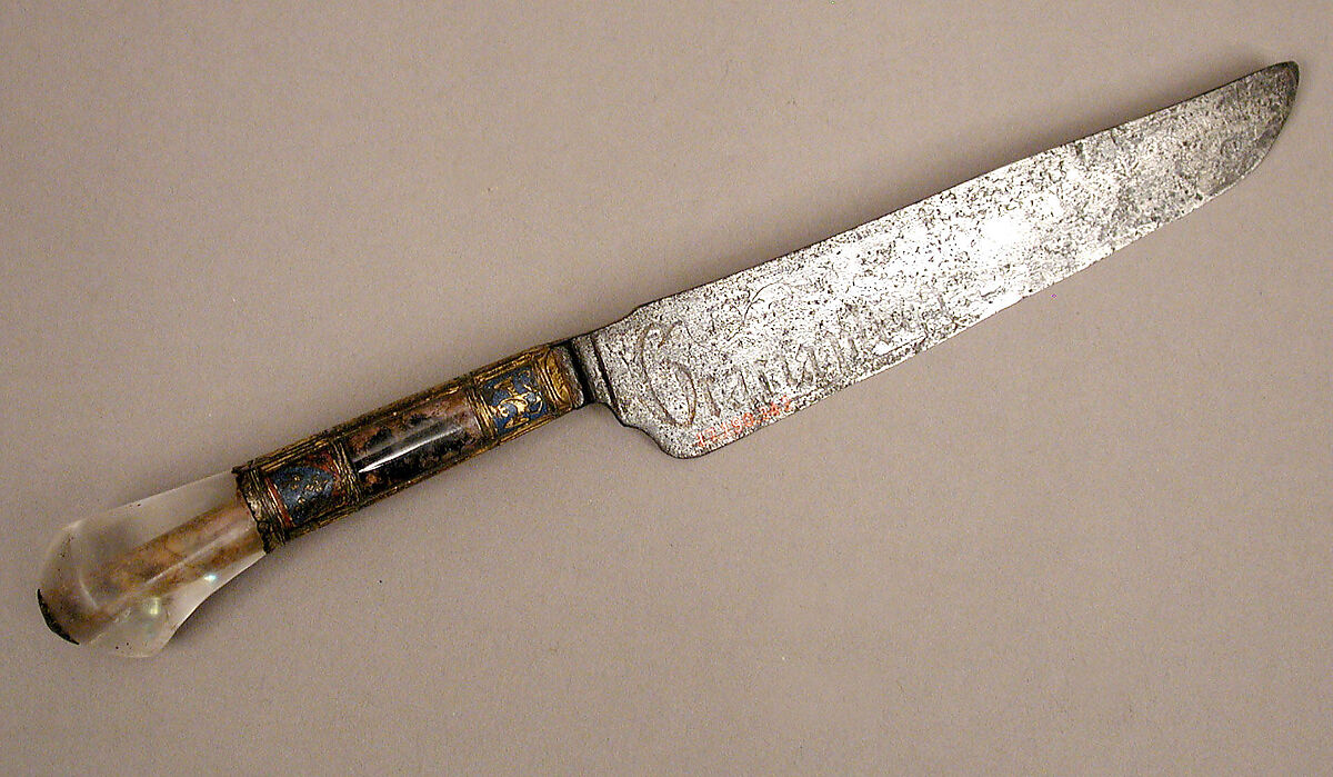 Knife, Steel blade, crystal handle, copper-gilt mountings, French or Spanish