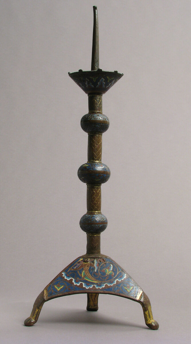 Candlestick, Copper: engraved, scraped, stippled and gilt; champlevé enamel: dark and medium blue, green, yellow, red, and white., French