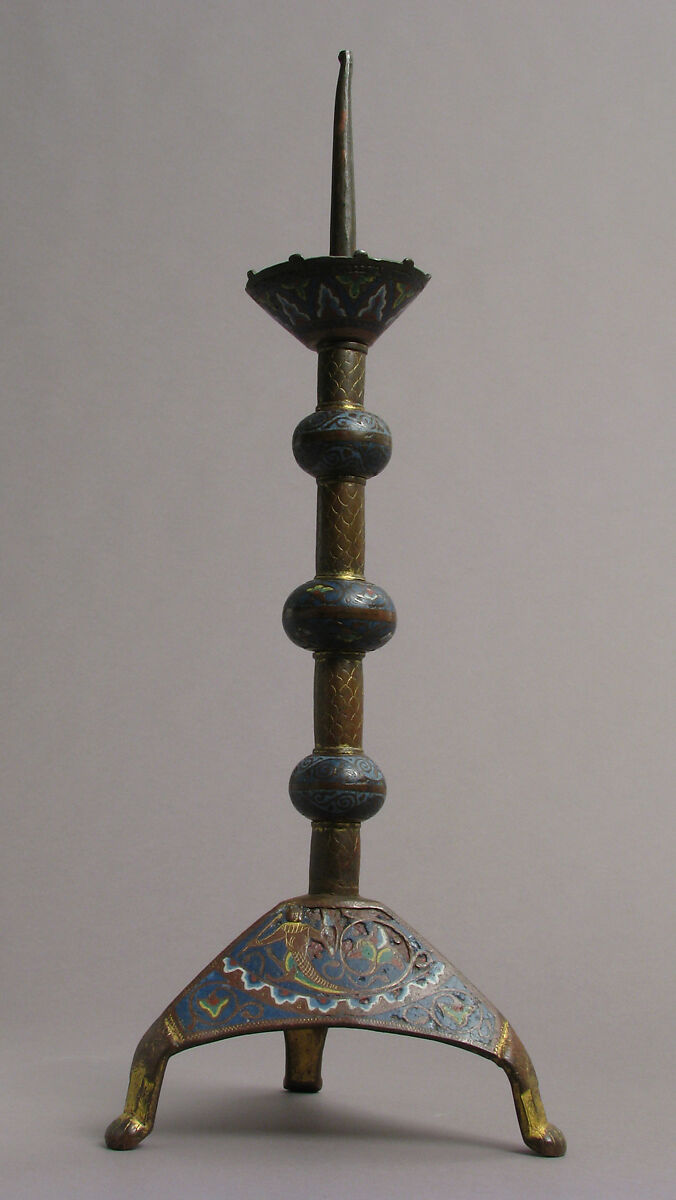 Candlestick, Copper: engraved, scraped, stippled and gilt; champlevé enamel: dark and medium blue, green, yellow, red, and white., French