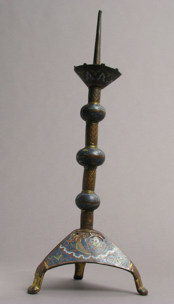 Candlestick, Copper: engraved, scraped, stippled and gilt; champlevé enamel: dark and medium blue, green, yellow, red, and white., French