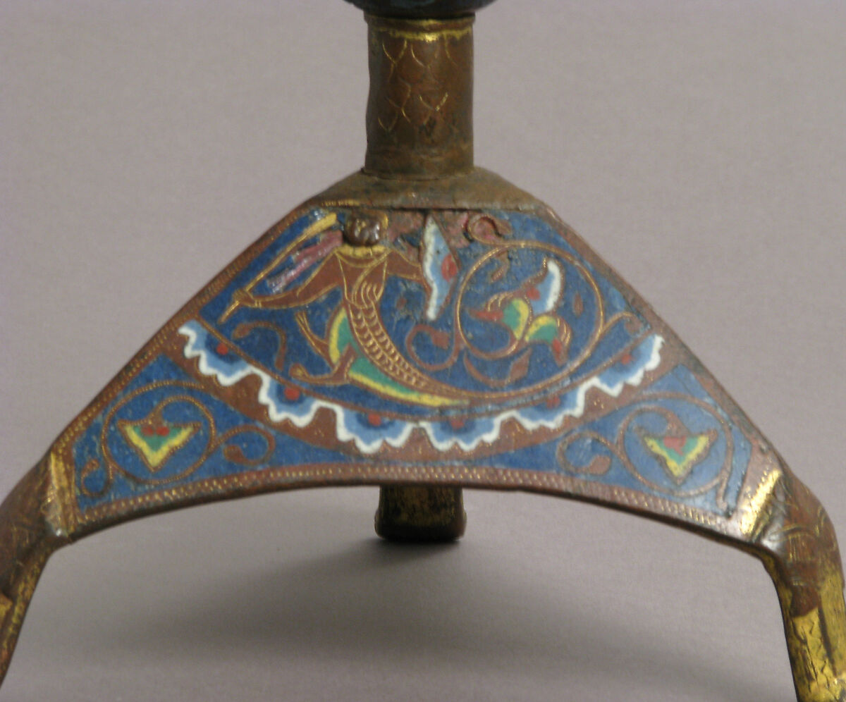 Candlestick, Copper: engraved, scraped, stippled and gilt; champlevé enamel: dark and medium blue, green, yellow, red, and white., French