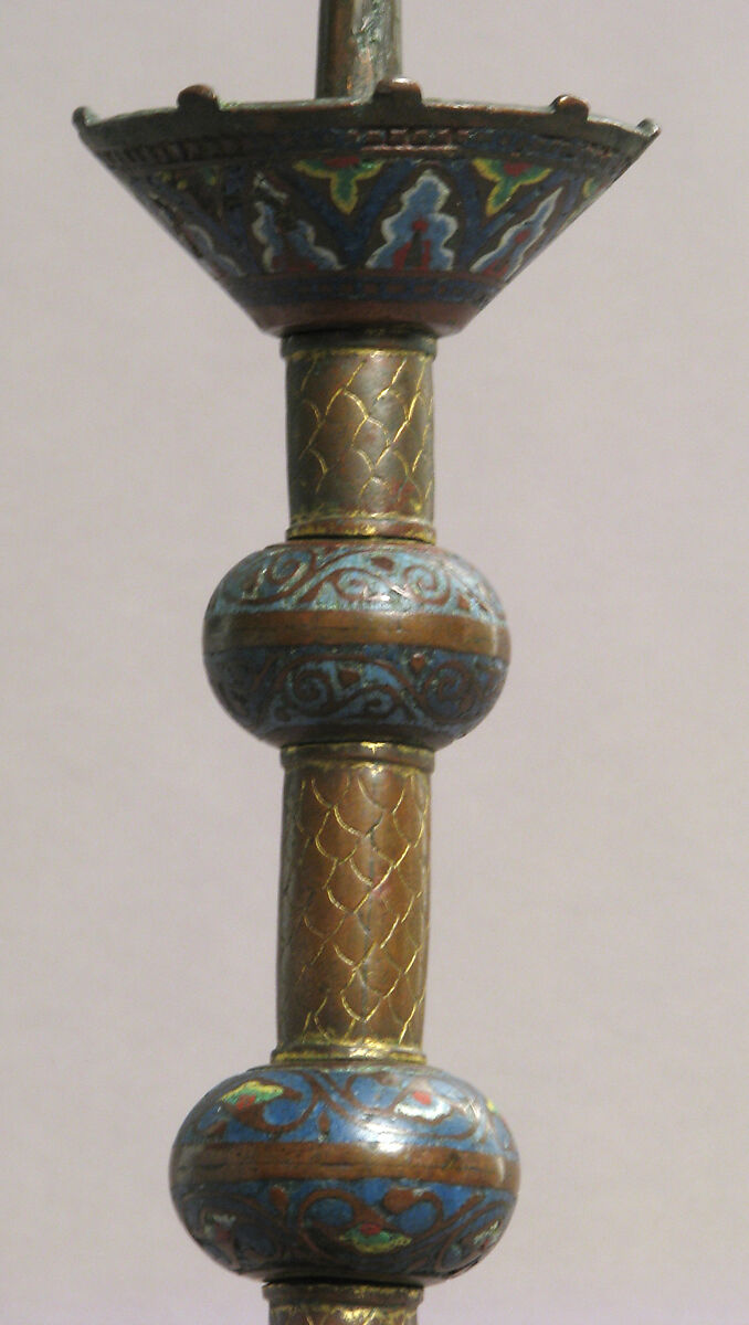 Candlestick, Copper: engraved, scraped, stippled and gilt; champlevé enamel: dark and medium blue, green, yellow, red, and white., French