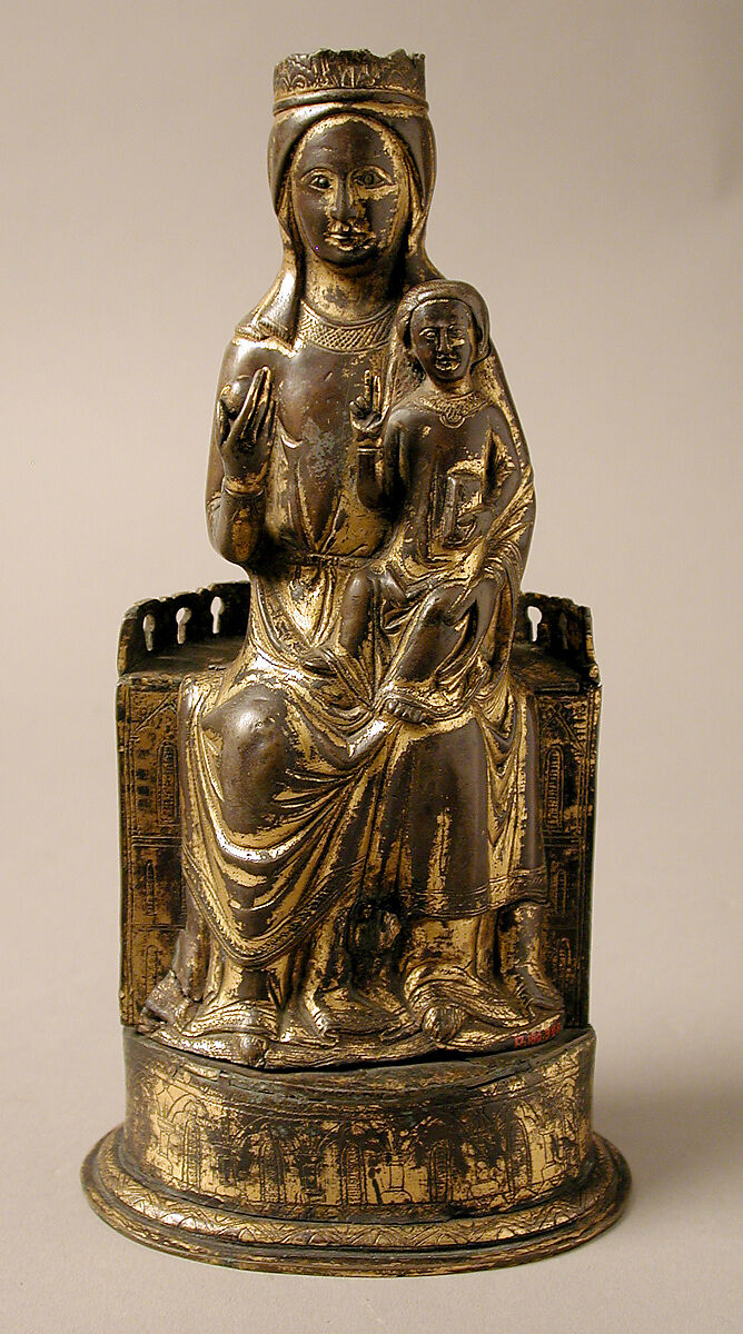 Virgin and Child, Copper-gilt, champlevé enamel, glass bead, French