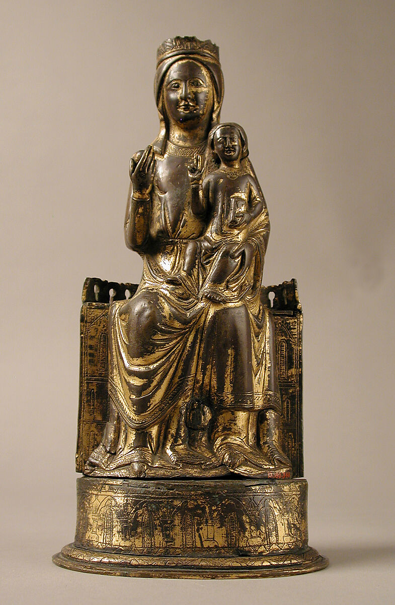 Virgin and Child, Copper-gilt, champlevé enamel, glass bead, French 