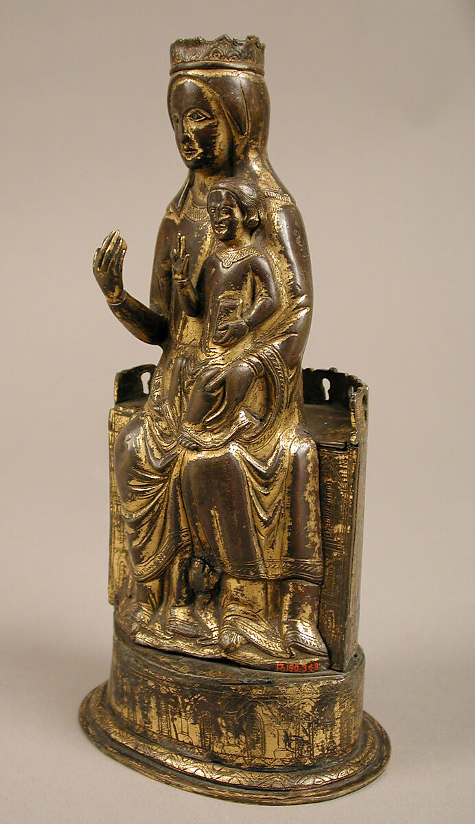 Virgin and Child, Copper-gilt, champlevé enamel, glass bead, French