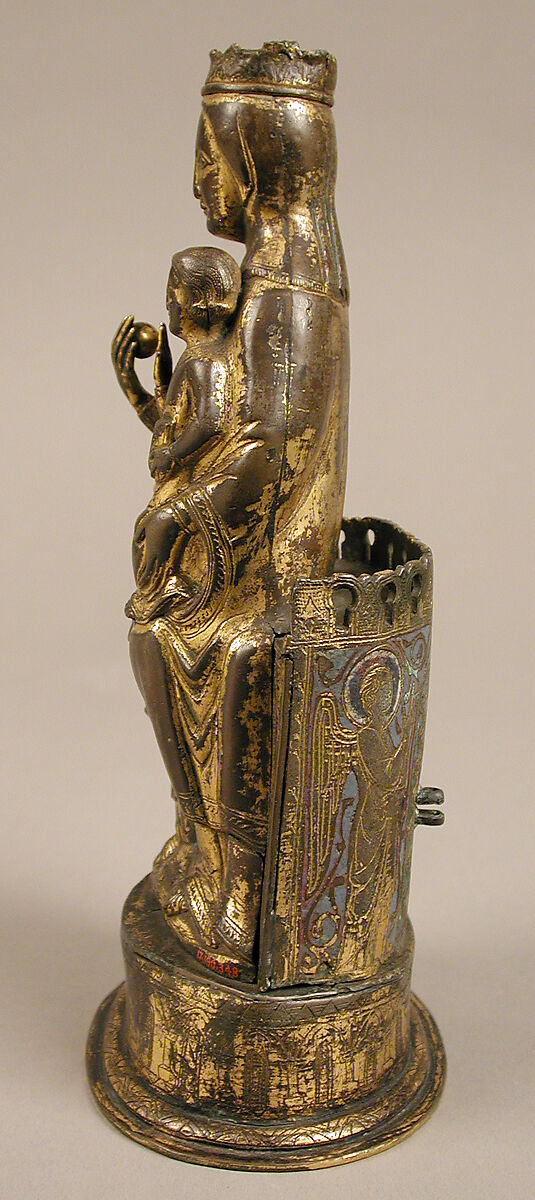 Virgin and Child, Copper-gilt, champlevé enamel, glass bead, French