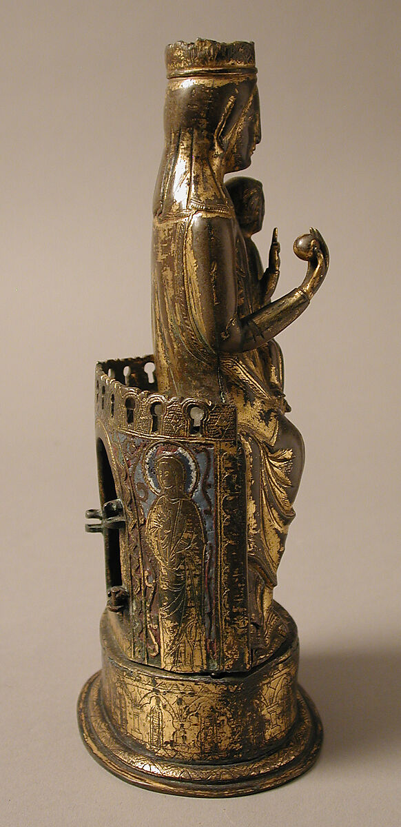 Virgin and Child, Copper-gilt, champlevé enamel, glass bead, French