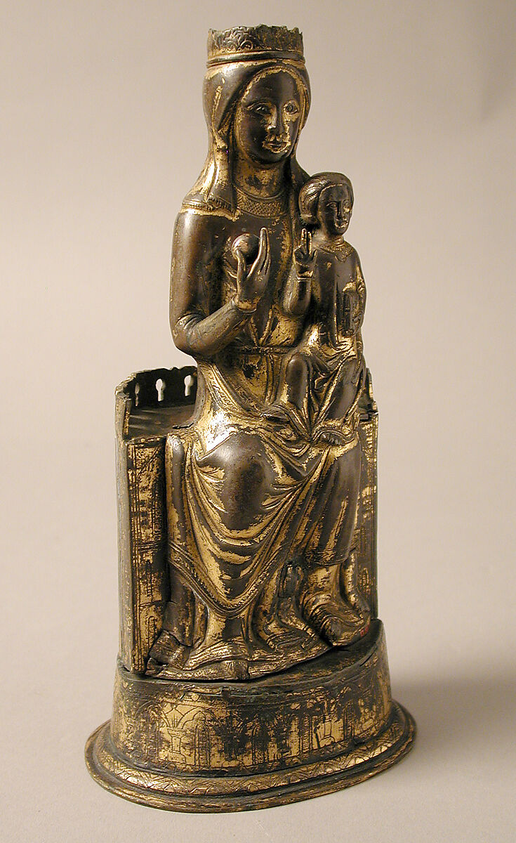 Virgin and Child, Copper-gilt, champlevé enamel, glass bead, French