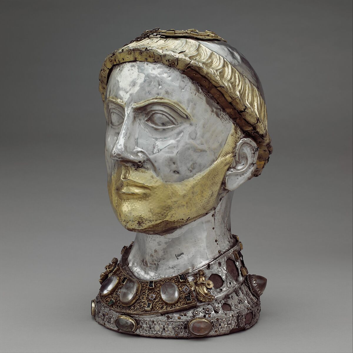 Reliquary Bust of Saint Yrieix, Silver and gilded silver with rock crystal, gems, and glass, French 
