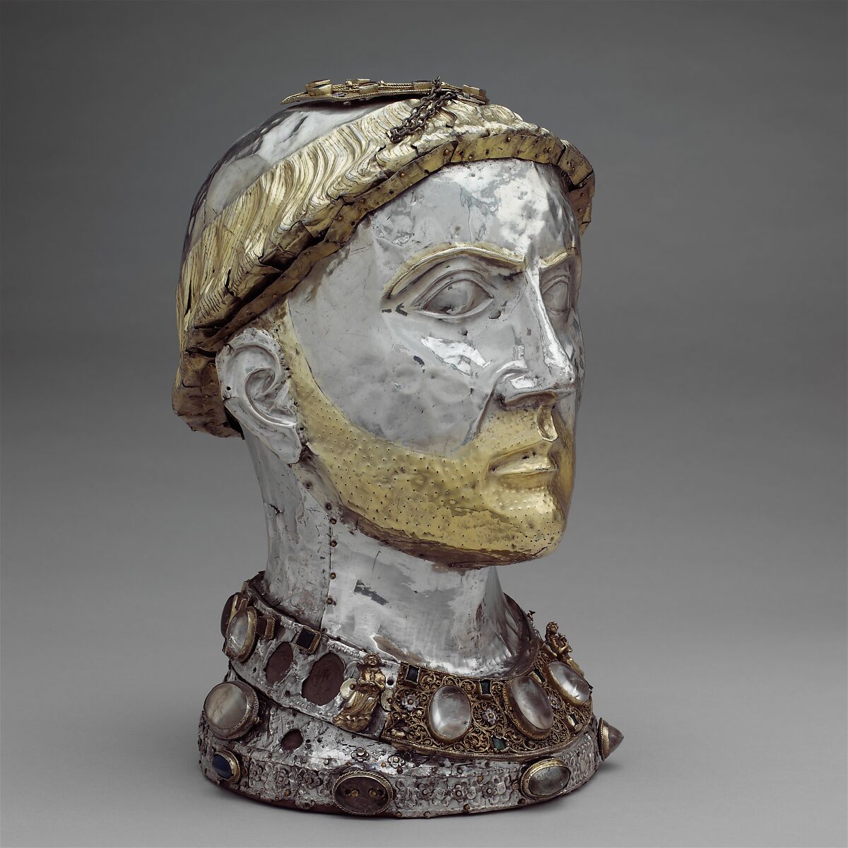 Reliquary Bust of Saint Yrieix, Silver and gilded silver with rock crystal, gems, and glass, French