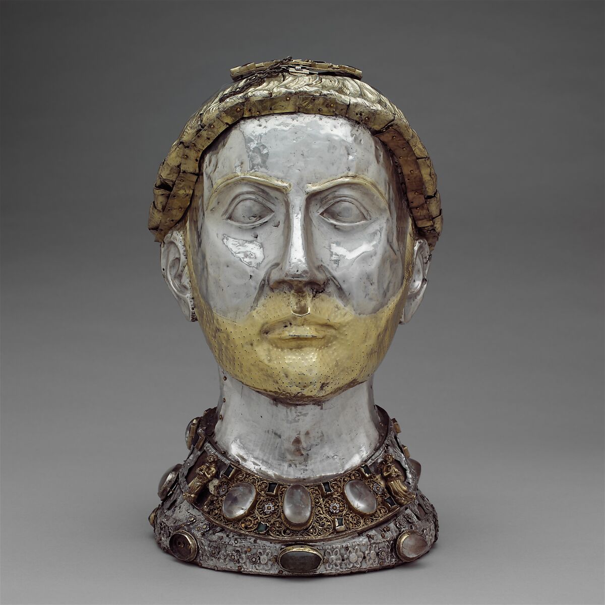 Reliquary Bust of Saint Yrieix, Silver and gilded silver with rock crystal, gems, and glass, French
