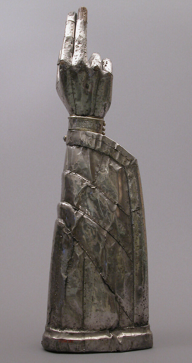 Arm Reliquary, Silver, silver-gilt, glass and rock crystal cabochons over wood core, French