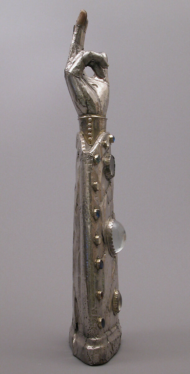 Arm Reliquary, Silver, silver-gilt, glass and rock crystal cabochons over wood core, French
