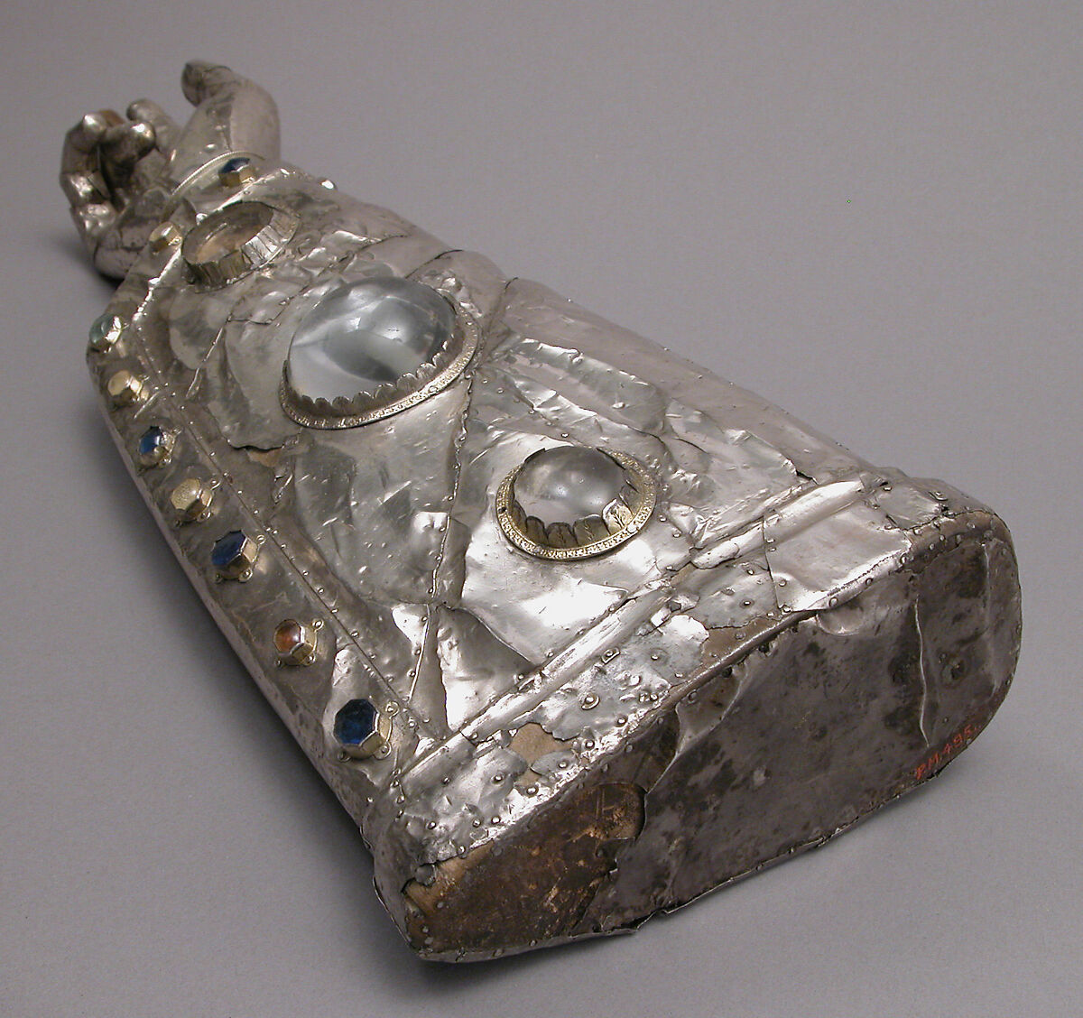 Arm Reliquary, Silver, silver-gilt, glass and rock crystal cabochons over wood core, French