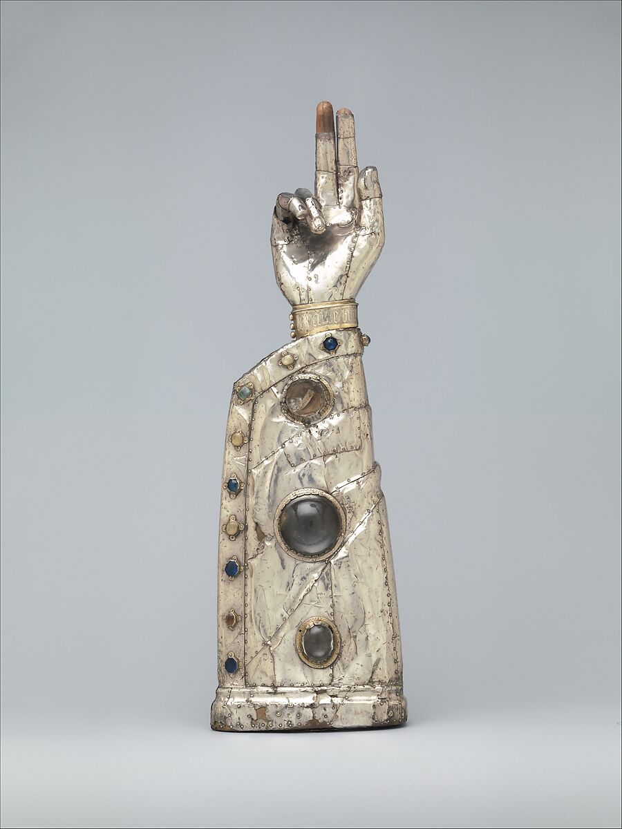 Arm Reliquary, Silver, silver-gilt, glass and rock crystal cabochons over wood core, French 