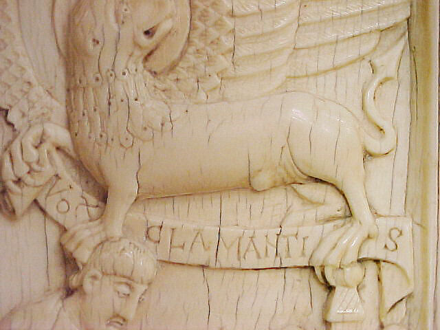 Evangelist Saint Mark writing the Gospel with his symbol, the Lion, holding a scroll, Elephant ivory, German