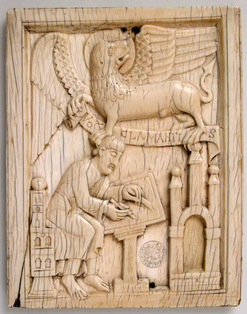 Evangelist Saint Mark writing the Gospel with his symbol, the Lion, holding a scroll, Ivory, German 