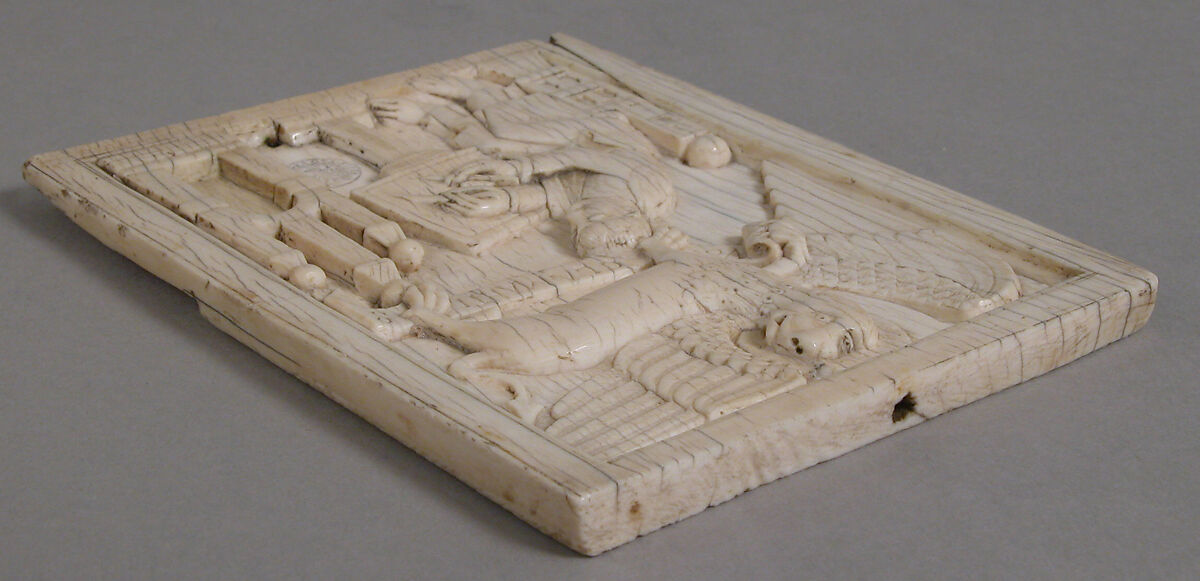 Evangelist Saint Mark writing the Gospel with his symbol, the Lion, holding a scroll, Elephant ivory, German