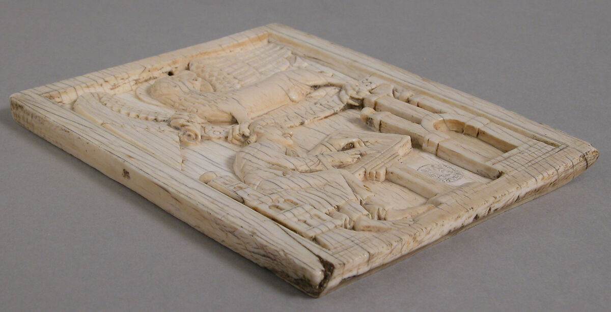 Evangelist Saint Mark writing the Gospel with his symbol, the Lion, holding a scroll, Elephant ivory, German