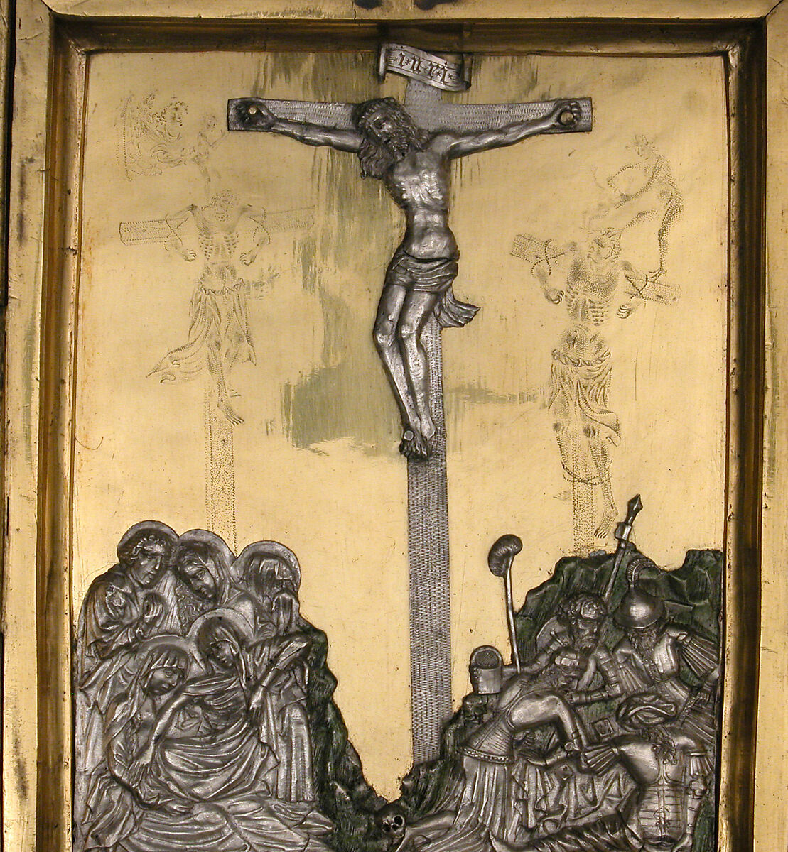 Triptych with the Way to Calvary, the Crucifixion, and the Disrobing of Jesus, Gilded copper, silver and paint, Netherlandish or French