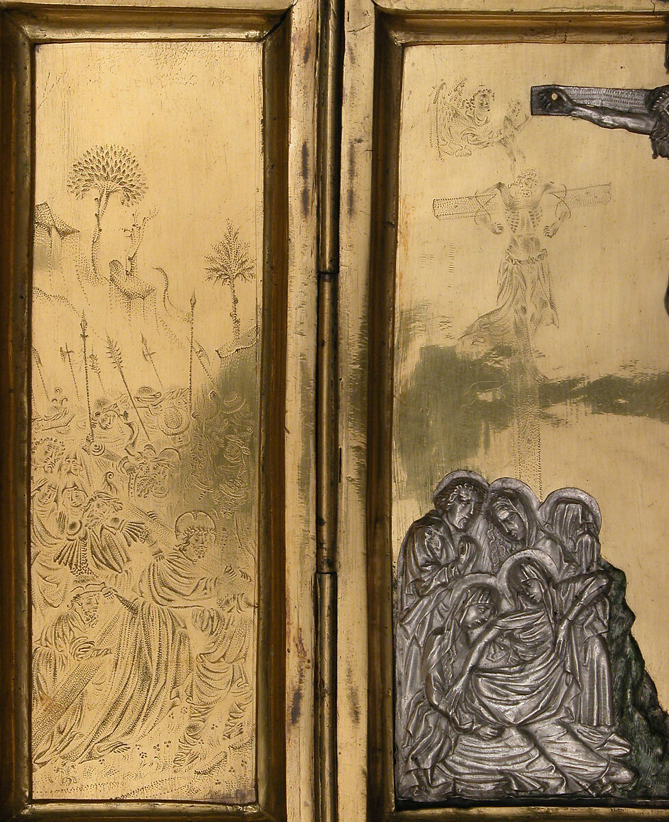 Triptych with the Way to Calvary, the Crucifixion, and the Disrobing of Jesus, Gilded copper, silver and paint, Netherlandish or French